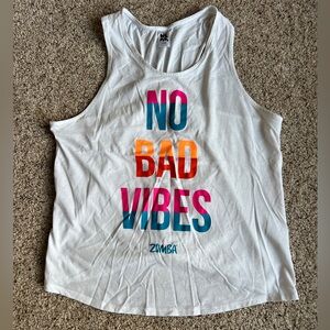 Zumba Fitness White Tank Top with Multicolor "No Bad Vibes" Graphic